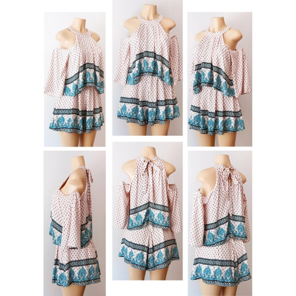 Taupe Pink Mock Neck Cold Shoulder Pleated Romper - Picture 7 of 8